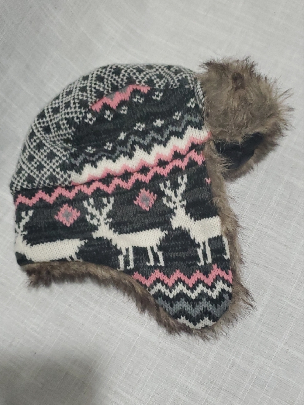 Women's Pink and Black Knit Faux Fur Earflap Hat